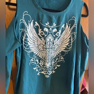 Teal Cold Shoulder Top with Winged Cross Design